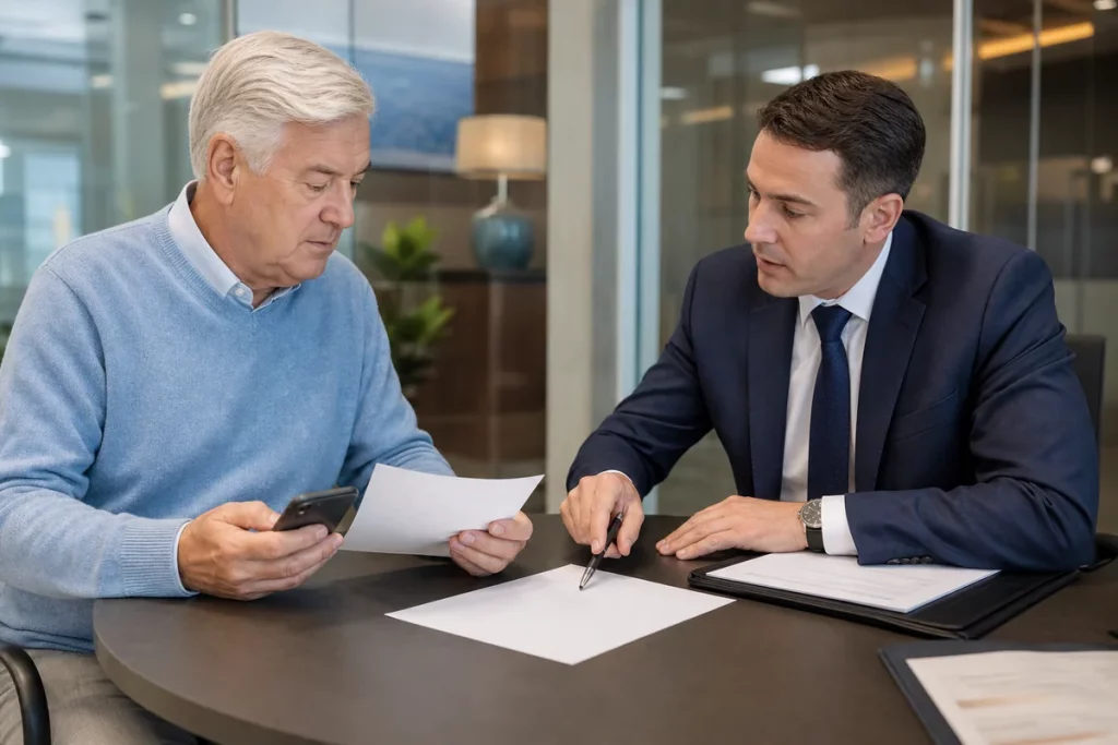 An older adult independently reviewing an unexpected financial request with a professional adviser.