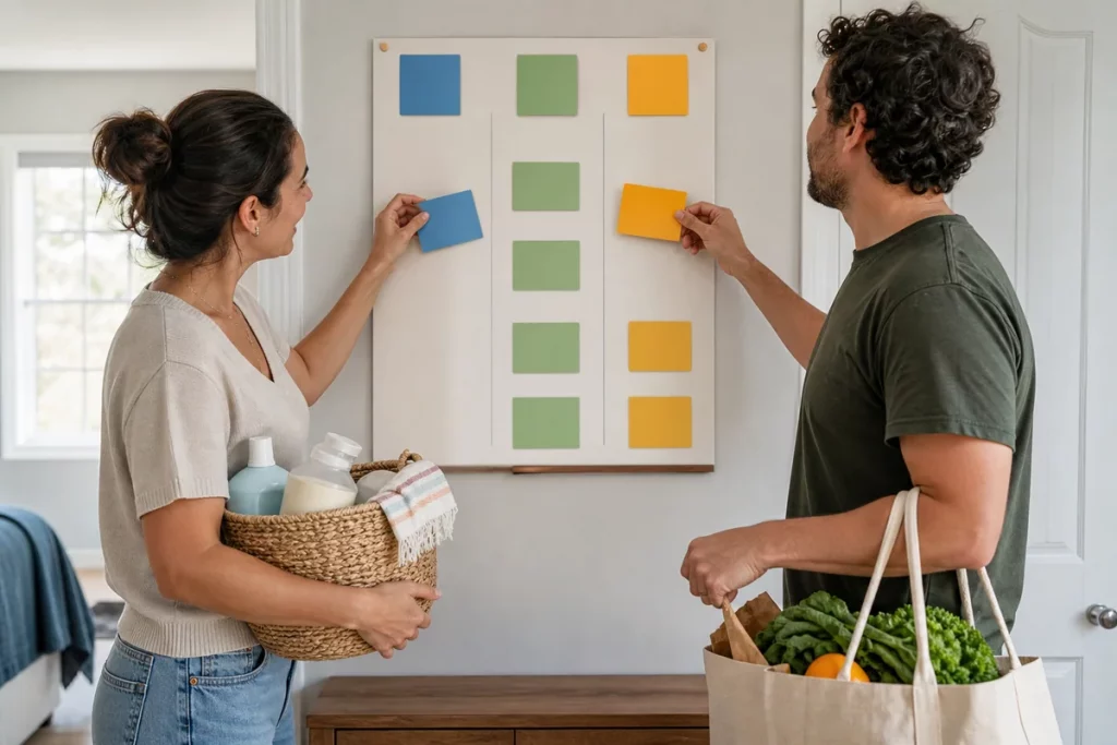 Two partners using a simple task board to divide full ownership rather than waiting for reminders.
