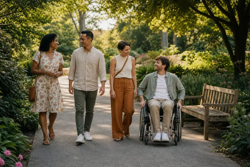 Four adults, including a wheelchair user, talking in shifting pairs on an accessible garden path.