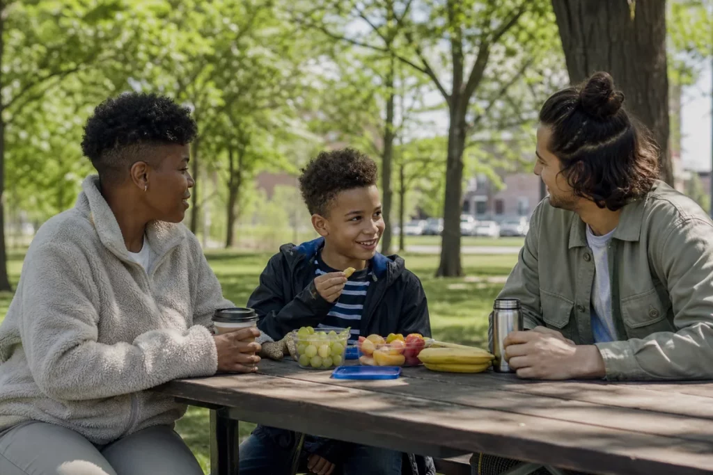 A parent, child, and new partner sharing a relaxed daytime snack at a public park table with comfortable space.