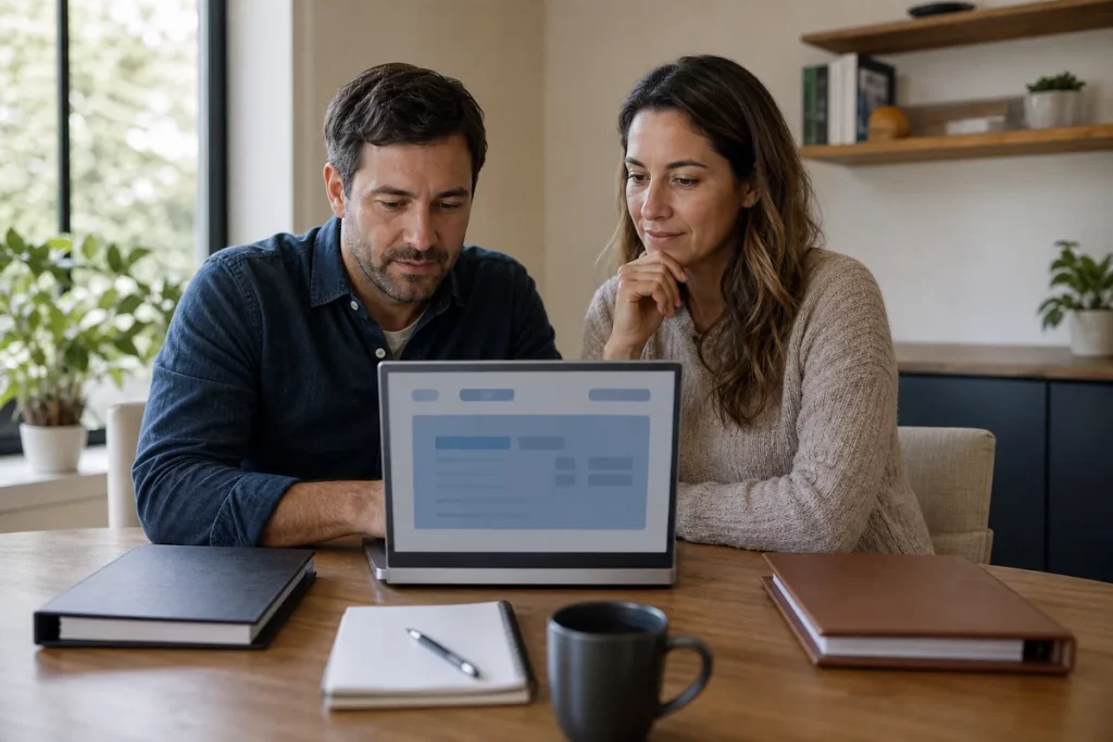 Two adult partners setting up one shared household account while retaining clearly separate personal accounts on their laptops.