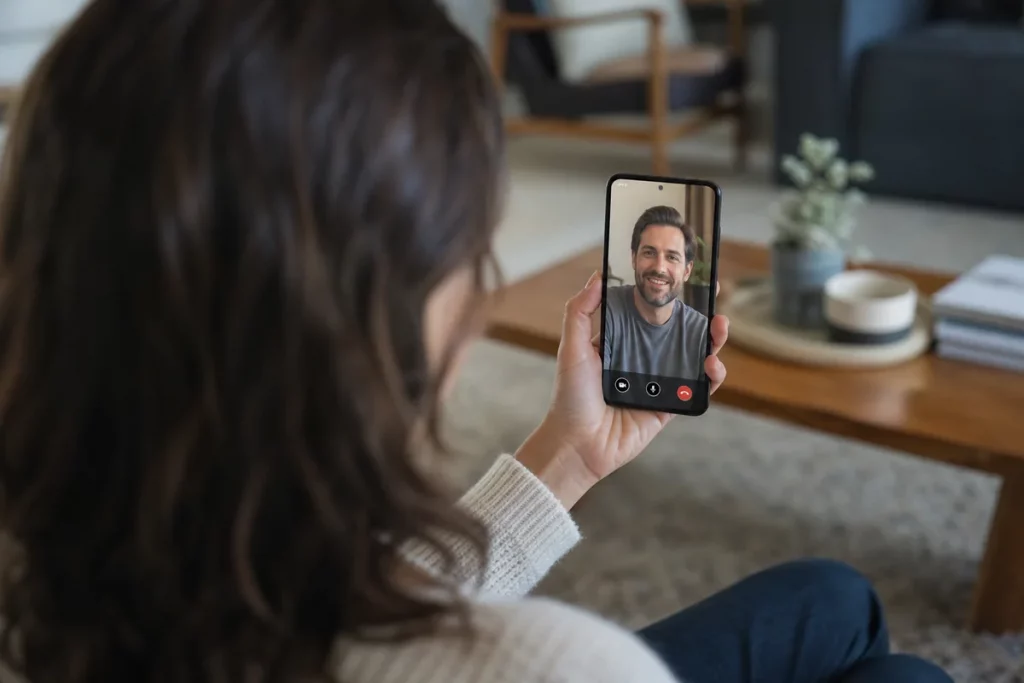 Two adult daters having a live video conversation on separate phones before arranging a public meeting.