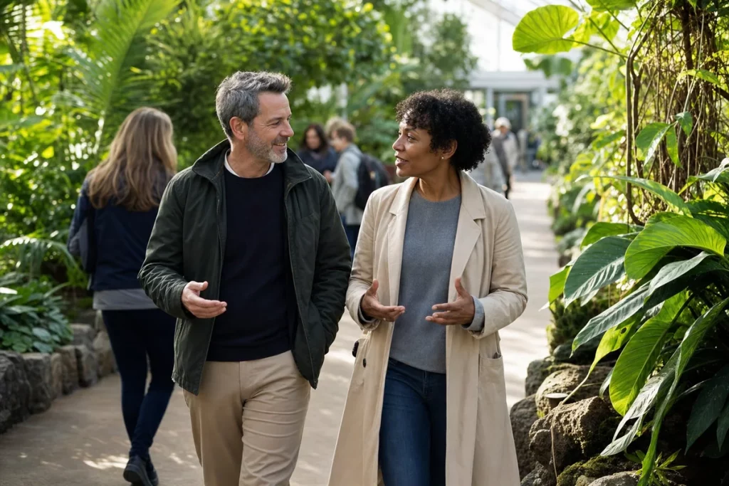 Two adults in their 40s sharing an attentive conversation during a relaxed daytime walk in a public botanical garden.