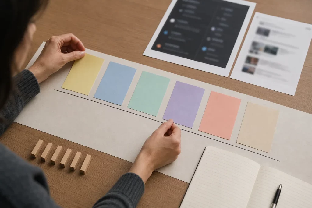 An adult arranging six blank color-coded incident cards in sequence beside blurred evidence and a blank notebook.