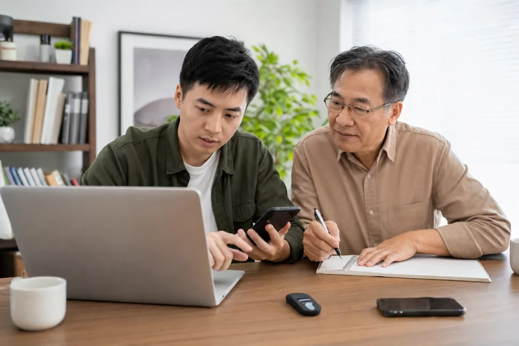 An adult strengthening email and financial account security on a laptop with support from a trusted family member.