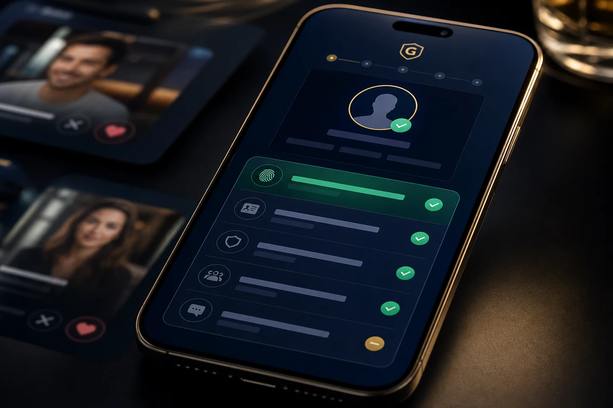 Premium mobile trust interface showing abstract verification layers beside blurred dating-profile cards.