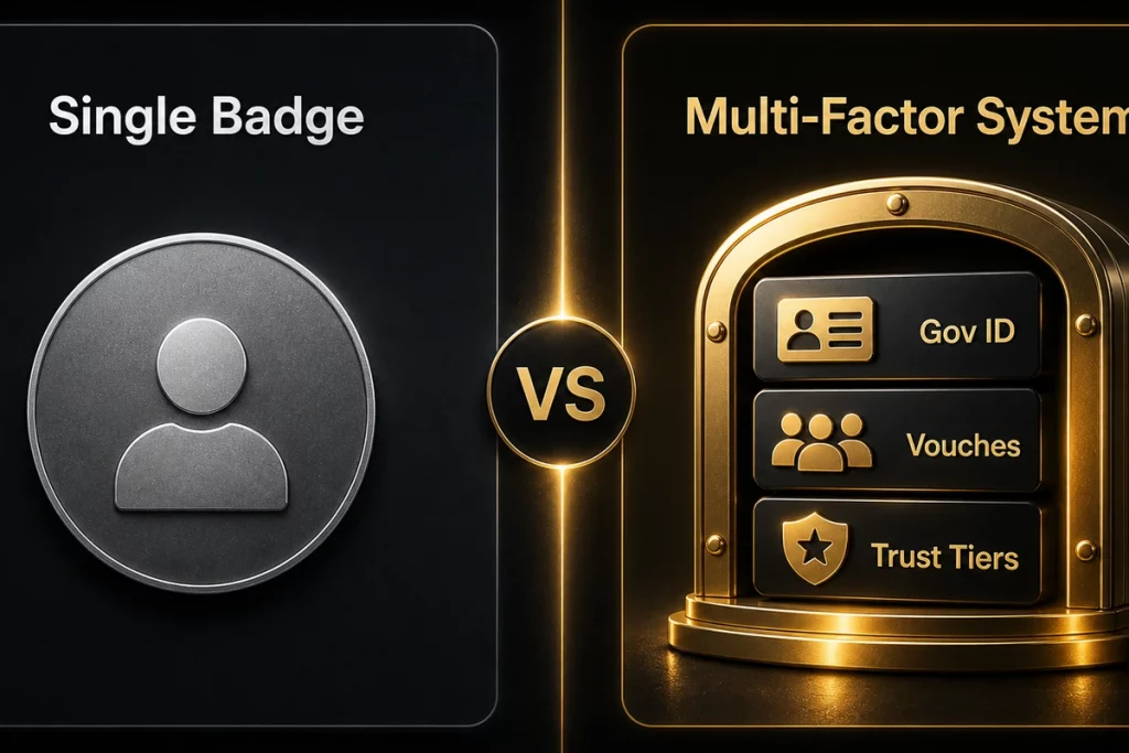 Comparison of single-badge verification with GuyID multi-factor trust signals