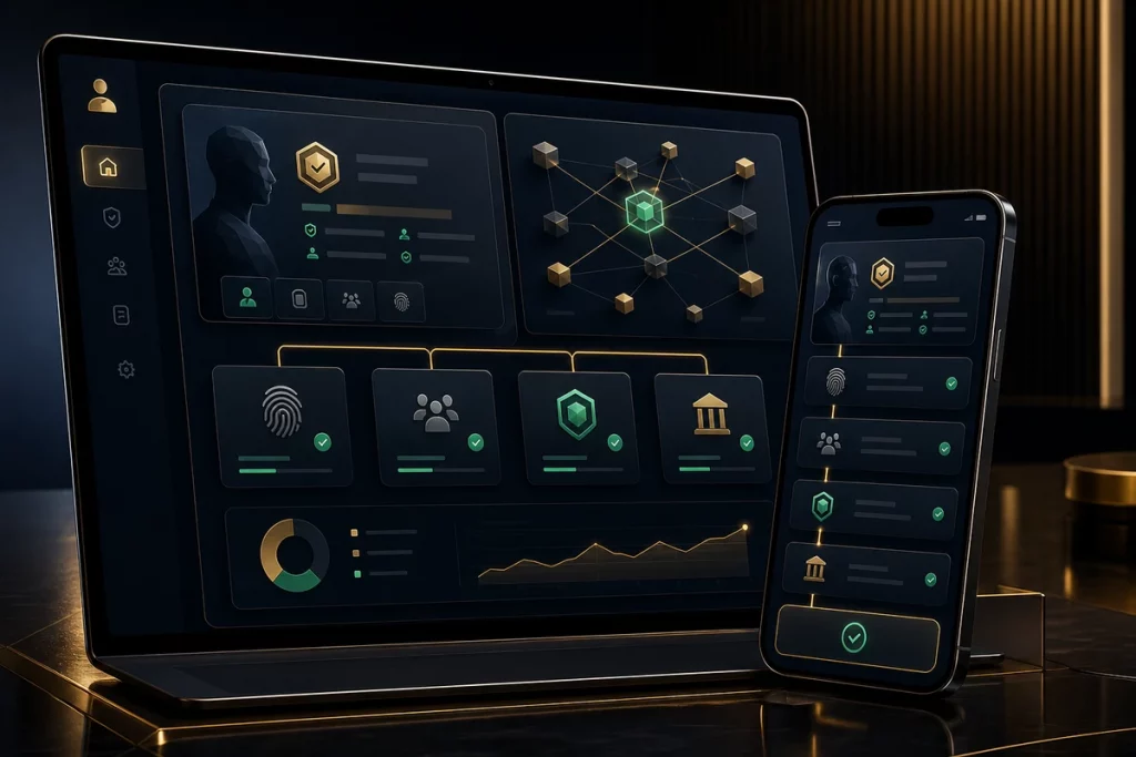 Premium dashboard and mobile card mockup showing abstract portable trust-profile layers and verification states.