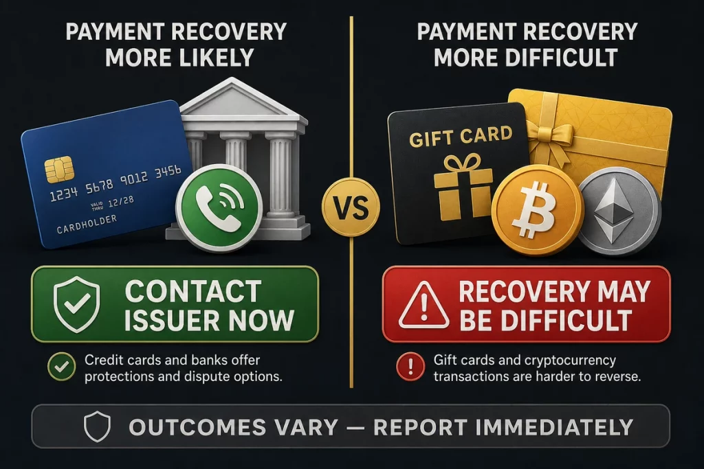 How to report a scammer and recover money — payment method recovery comparison chart showing credit card vs gift card vs crypto