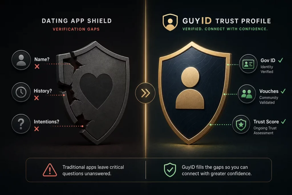 Online dating dangers protection layers — diagram showing dating app verification gaps versus GuyID full identity verification covering all twelve risk areas