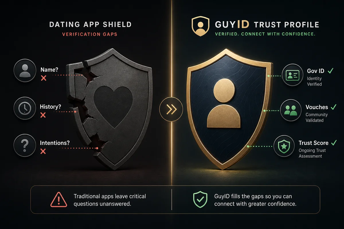 Online dating dangers protection layers — diagram showing dating app verification gaps versus GuyID full identity verification covering all twelve risk areas