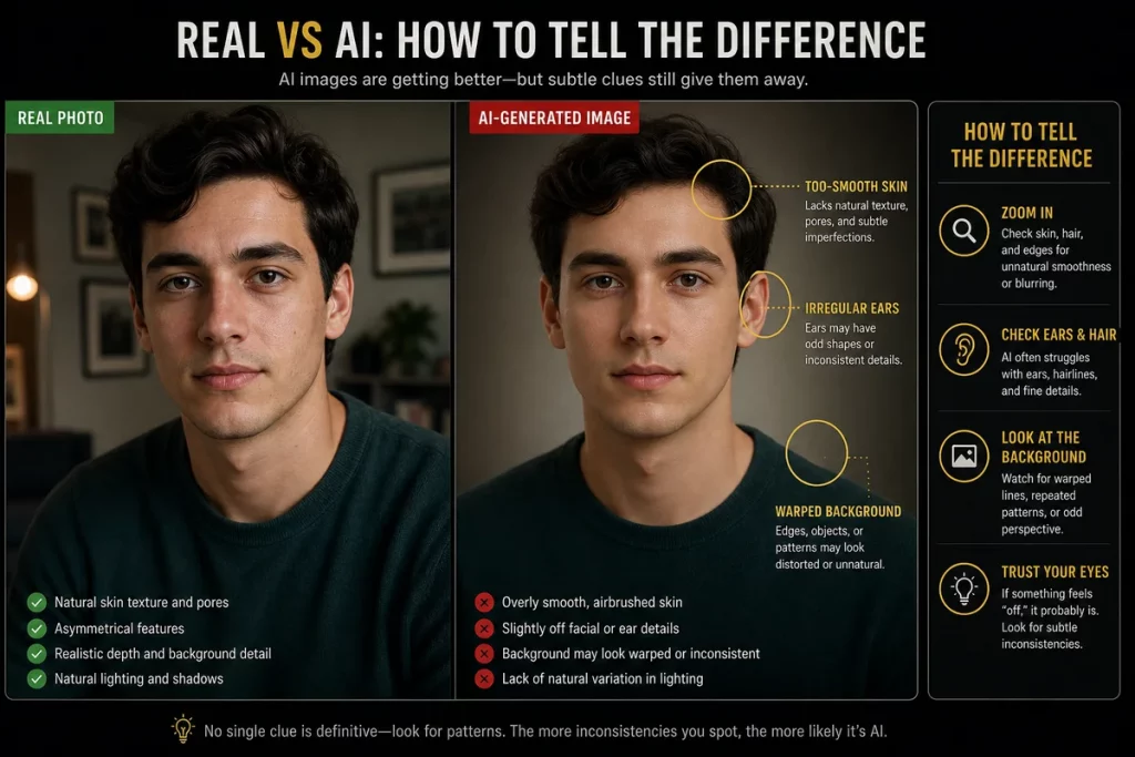 Catfish on social media AI detection — comparison of real photo versus AI-generated photo highlighting tell-tale signs of artificial generation