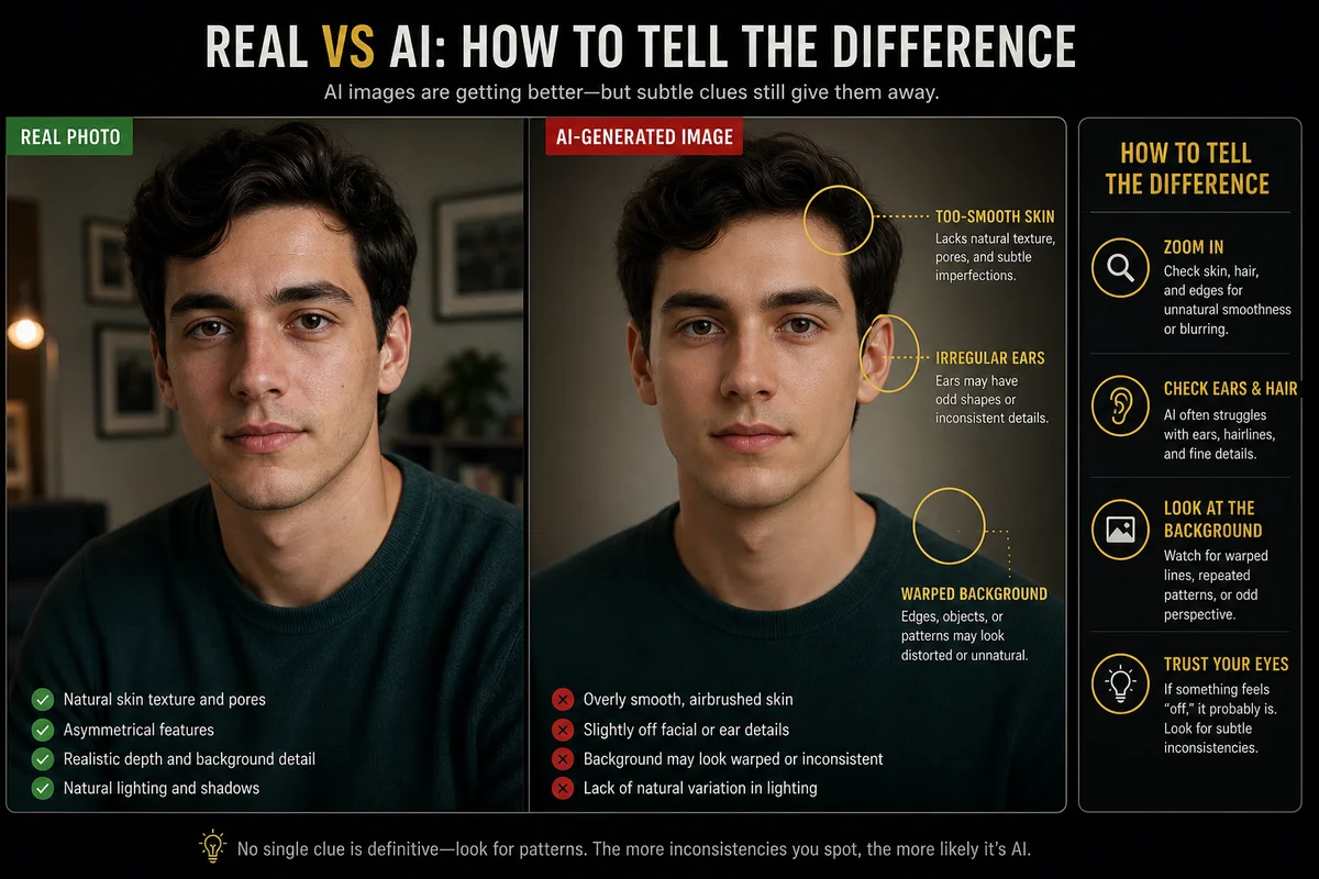 Catfish on social media AI detection — comparison of real photo versus AI-generated photo highlighting tell-tale signs of artificial generation
