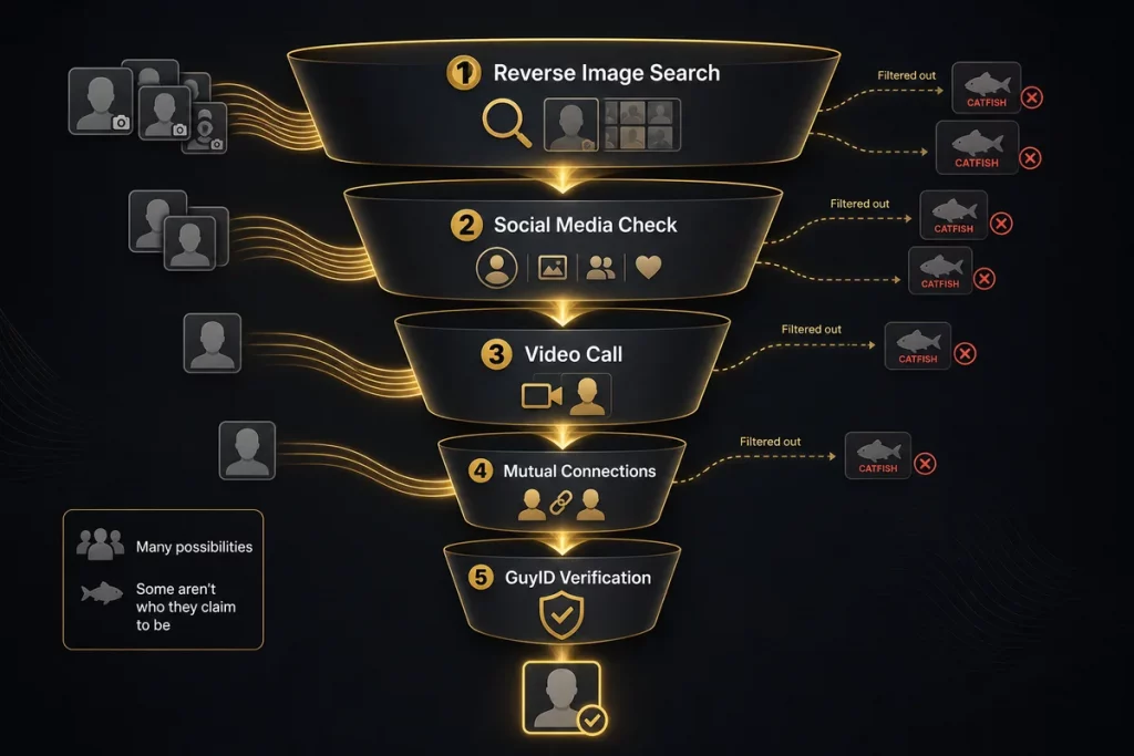 What is catfishing verification steps — five-step funnel diagram showing reverse image search to social media check to video call to mutual connections to GuyID verification