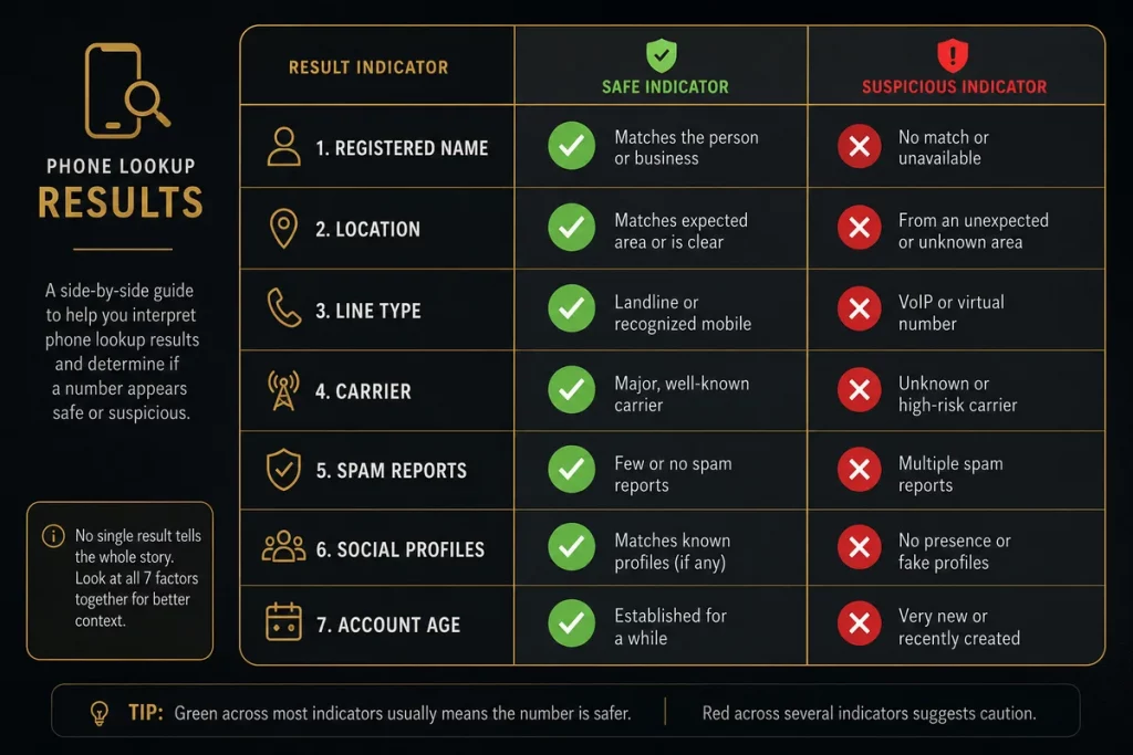 Catfish phone number lookup free results — comparison chart showing what different lookup results mean including VoIP flag name mismatch and scam reports