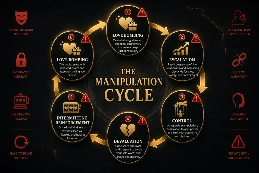 Emotional manipulation tactics cycle — diagram showing how love bombing escalation control and intermittent reinforcement create a manipulation loop in relationships