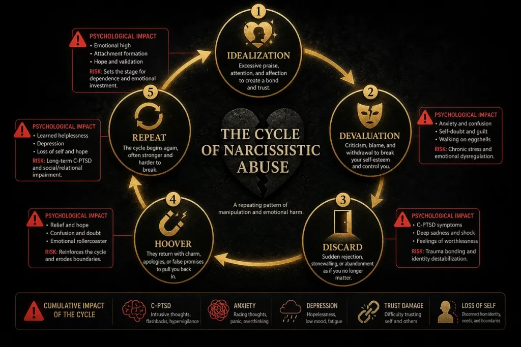 Narcissistic abuse signs versus normal conflict — comparison chart showing the difference between healthy relationship problems and narcissistic abuse patterns
