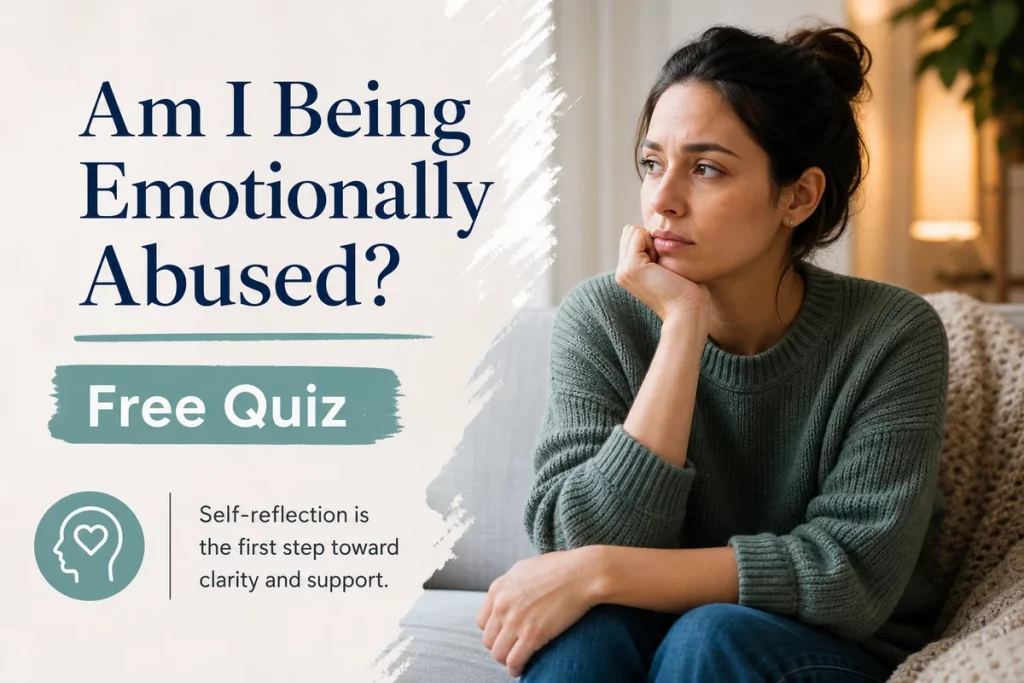 Test emotional abuse results interpretation — scoring guide showing five severity levels from healthy range to severe abuse with recommended actions and resources