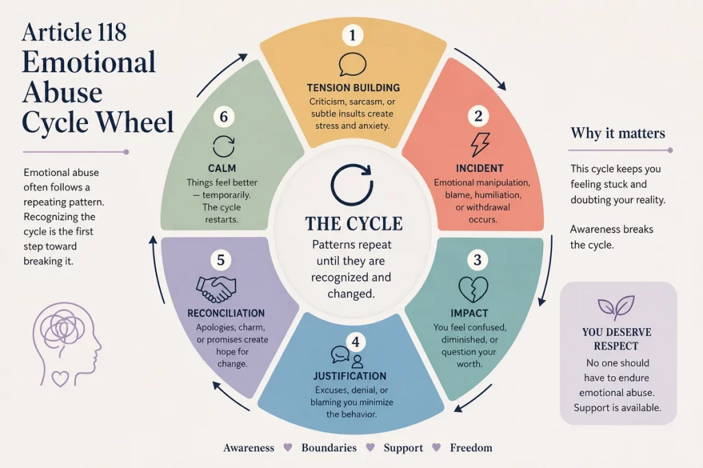 Emotional abuse cycle wheel escalation — timeline showing how the four phases change over time with shrinking calm periods and intensifying incident phases