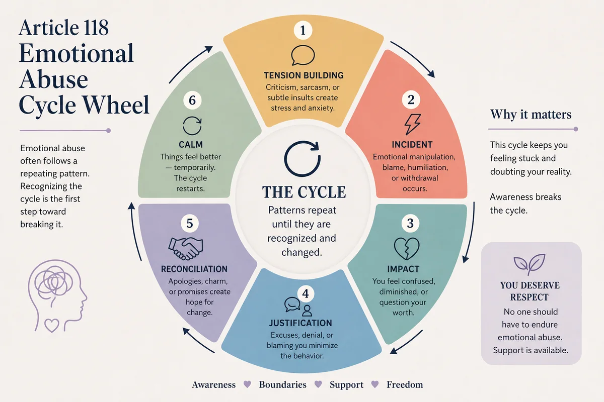 Emotional abuse cycle wheel escalation — timeline showing how the four phases change over time with shrinking calm periods and intensifying incident phases