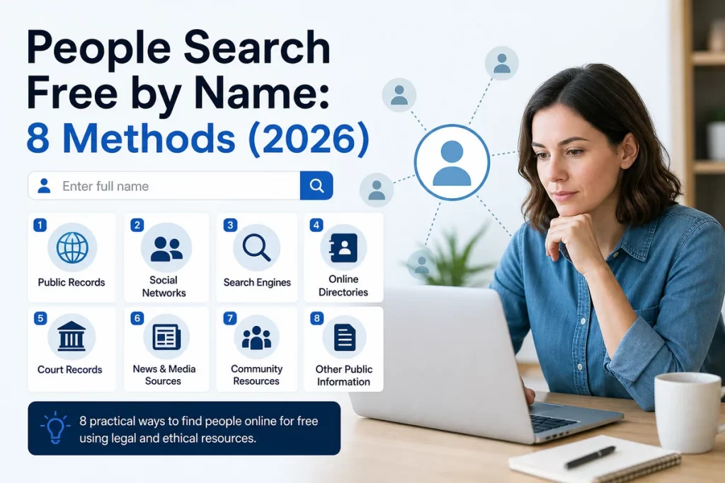 People search free by name for dating — four-step verification sequence showing confirm name then check criminal records then verify employment then combine with identity verification