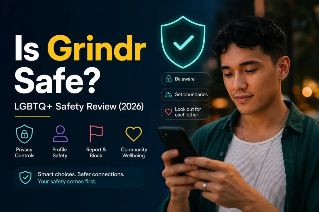 Is Grindr safe — eight-step protection protocol showing photo verification video call public meeting location protection extortion prevention GuyID verification friend notification and regional awareness
