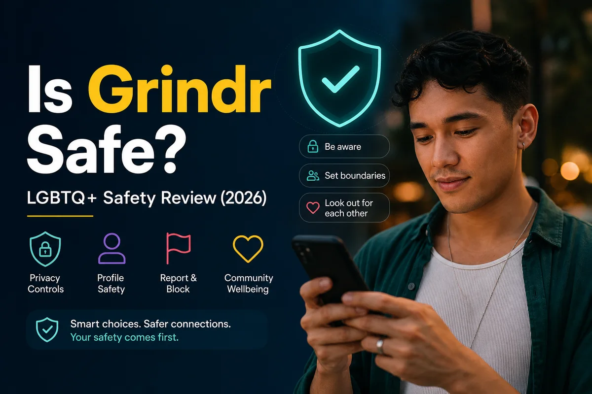 Is Grindr safe — eight-step protection protocol showing photo verification video call public meeting location protection extortion prevention GuyID verification friend notification and regional awareness