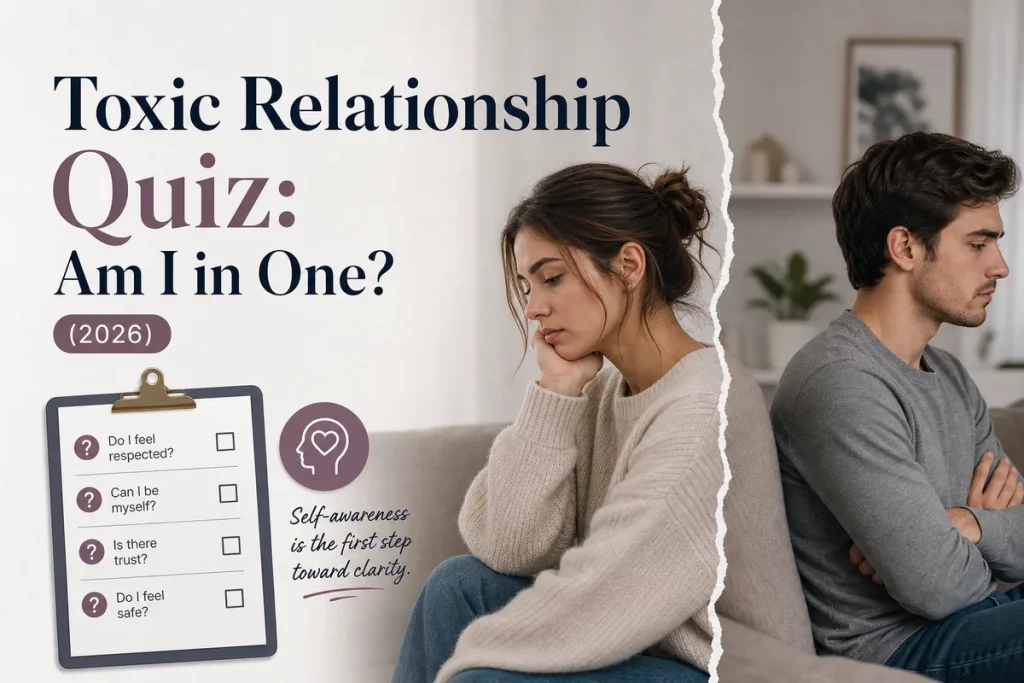 Toxic relationship quiz results — five-level severity scale from healthy green through concerning yellow toxic orange significantly toxic red to severe dark red with recommended actions at each level