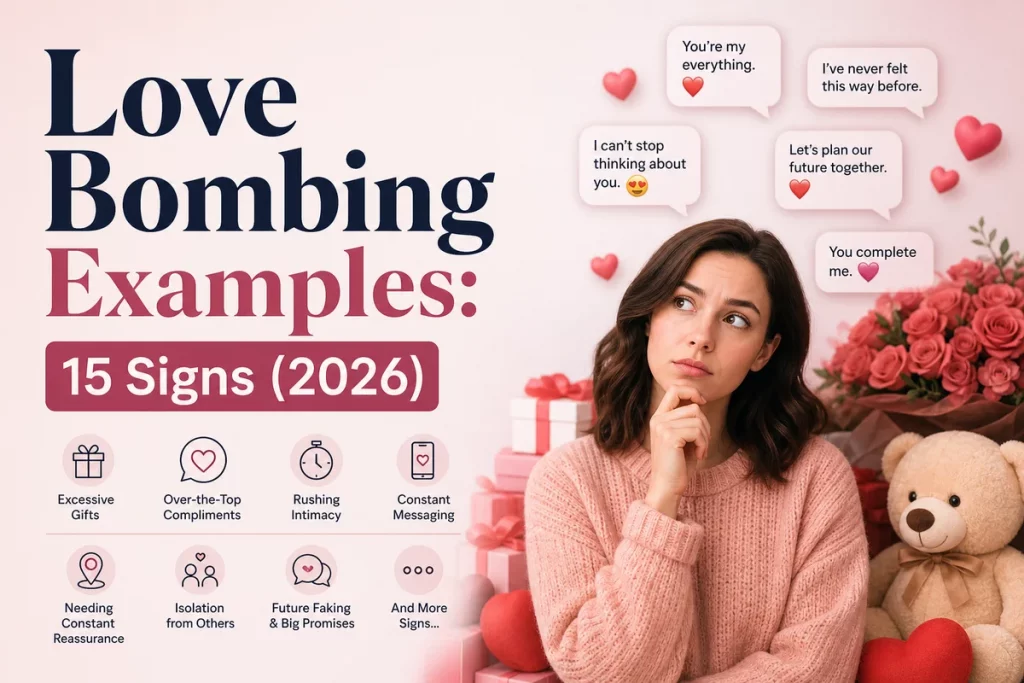 Love bombing examples — comparison chart showing love bombing red flags versus genuine enthusiasm green flags with the boundary test as the key differentiator