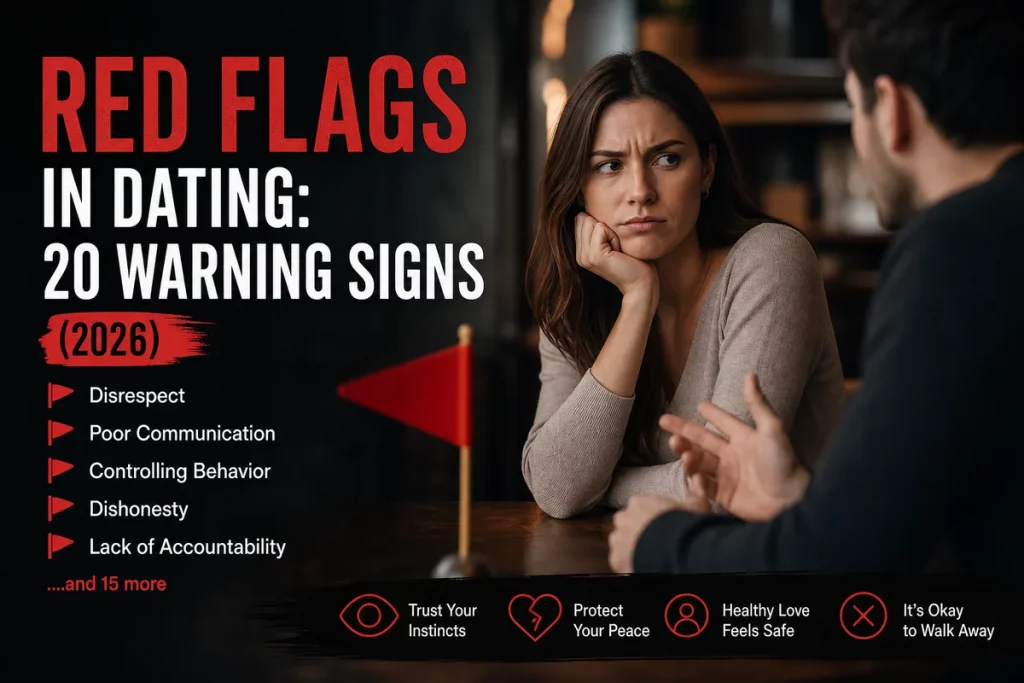 Red flags in dating versus green flags — side-by-side comparison with twenty red flag behaviors on the left and ten green flag indicators on the right showing what healthy dating looks like