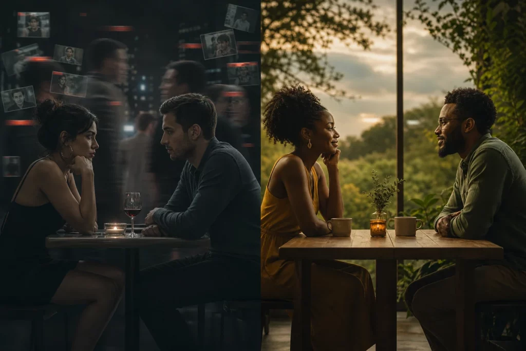 Rebound relationship signs versus genuine readiness — comparison showing four readiness questions with rebound answers on the left and genuine readiness answers on the right