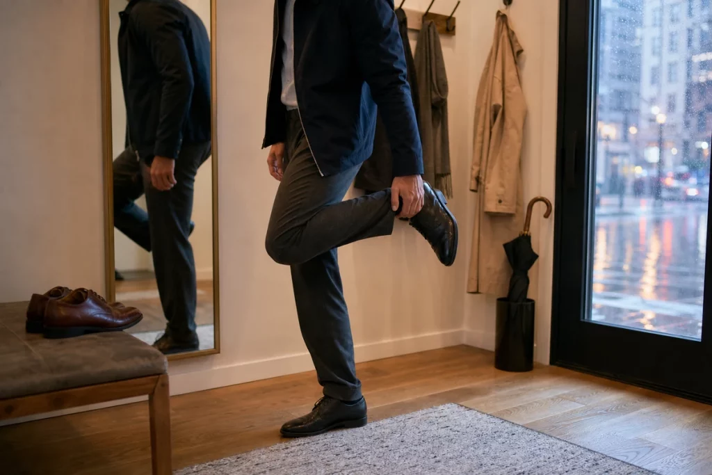 Adult testing a dress shoe beside a mirror and rain-ready coat before leaving for a date.