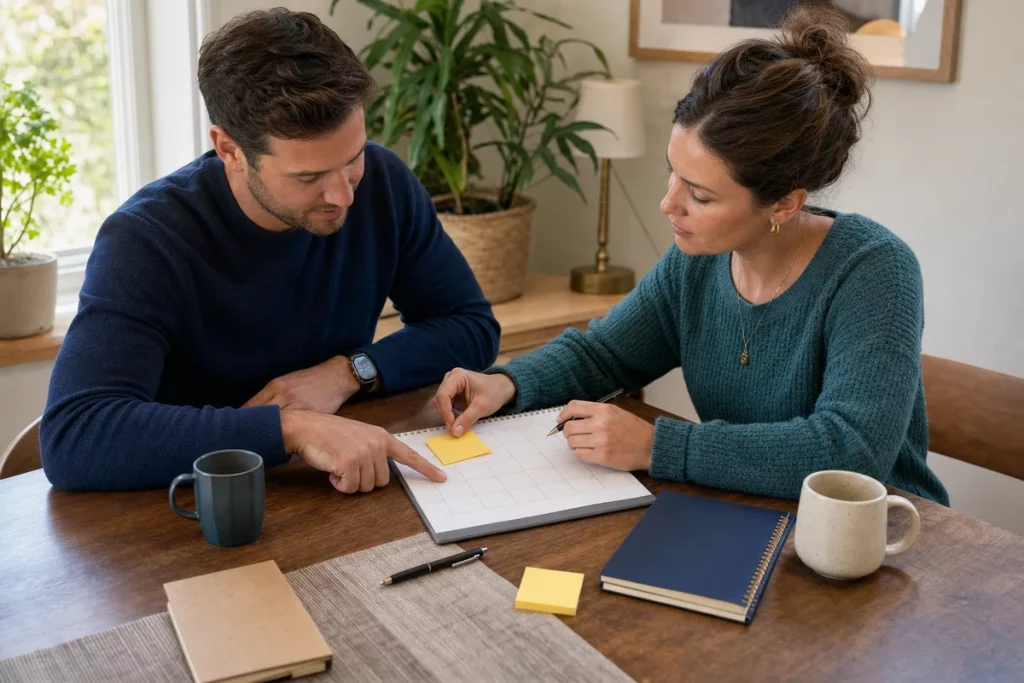 Partners place a blank note on a weekly calendar to set a shared follow-up.