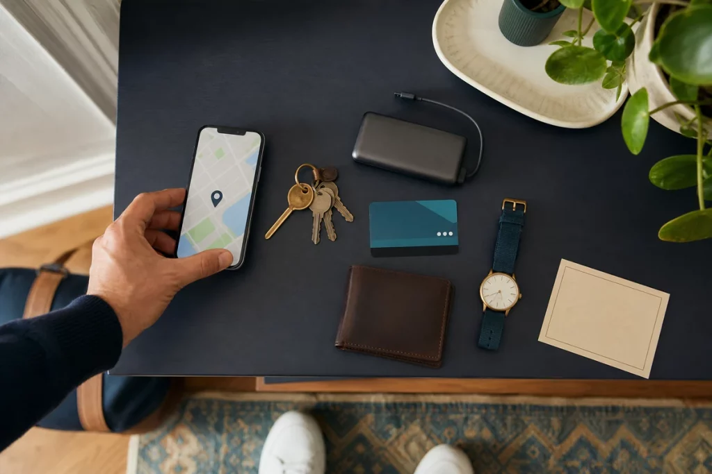 Phone map, transit card, keys, power bank, wallet, and watch arranged on an entry table before a date.