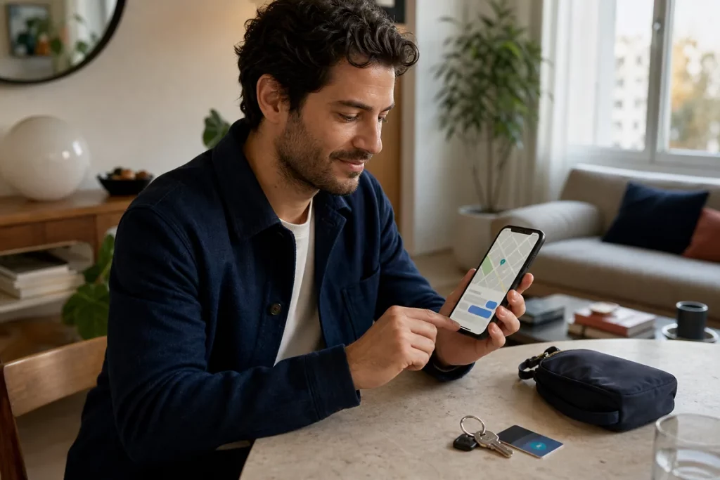 An adult checking a public café location and sharing a date plan from a phone before leaving home, with keys and transit card nearby.