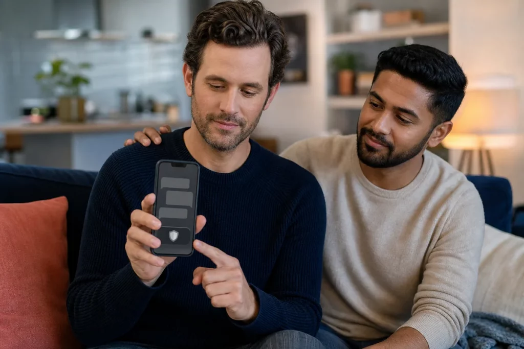 An adult choosing to block and report an aggressive follow-up message, seated safely at home with a trusted friend nearby.