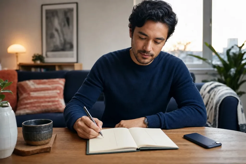 An adult reflecting calmly after a date with a simple notes page divided into reciprocity, clarity, and boundaries, without obsessive message checking.