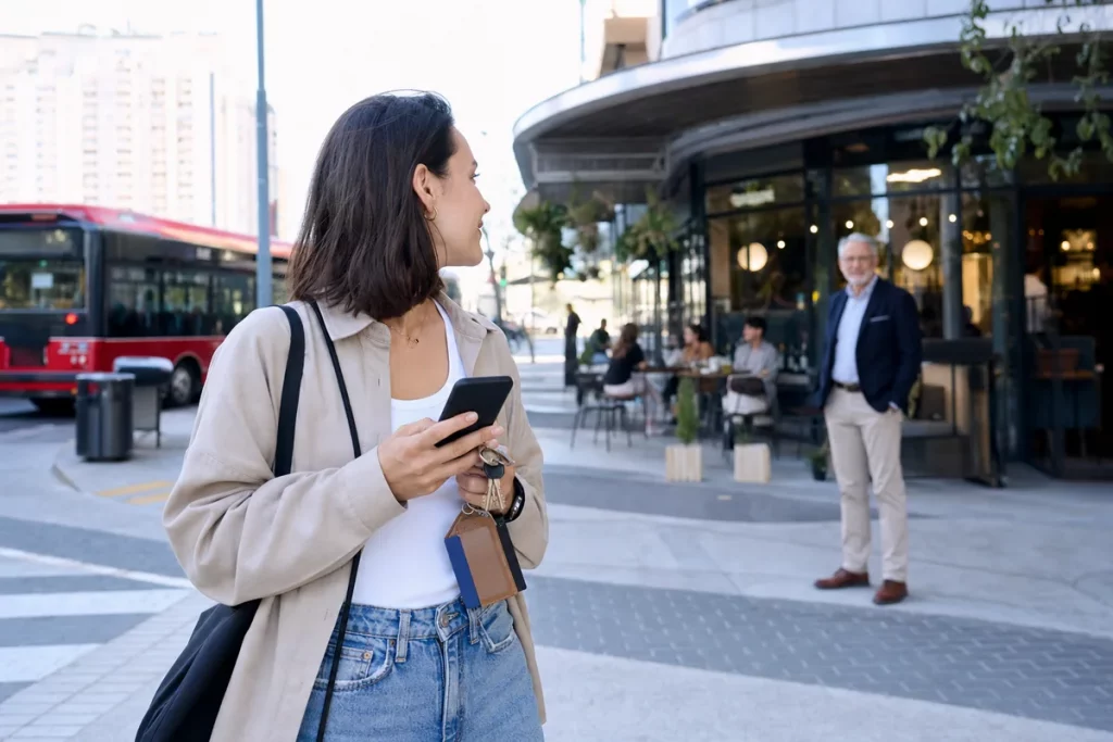 An adult standing independently in a bright public place while checking in with a trusted friend by phone before meeting an older dating partner.