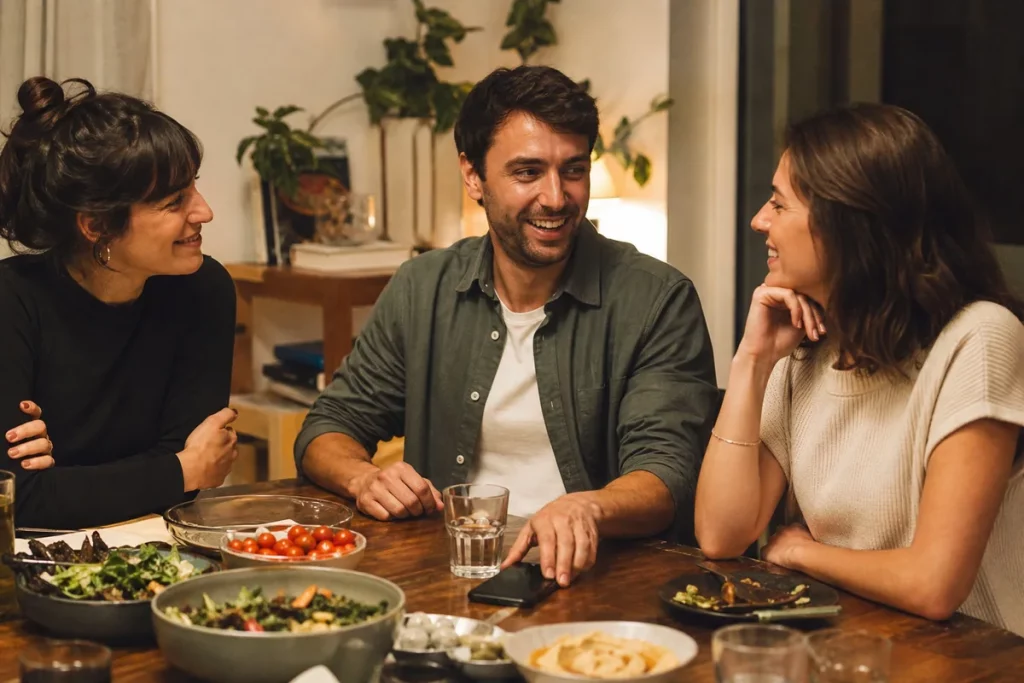 An adult calmly closing a dating app and returning attention to friends at a casual social gathering, showing a balanced dating pace.