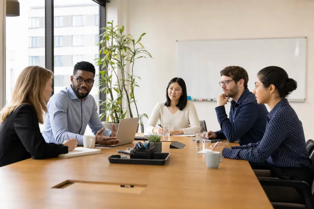 Two adult employees participating in a normal team meeting with professional distance and equal attention to all colleagues.