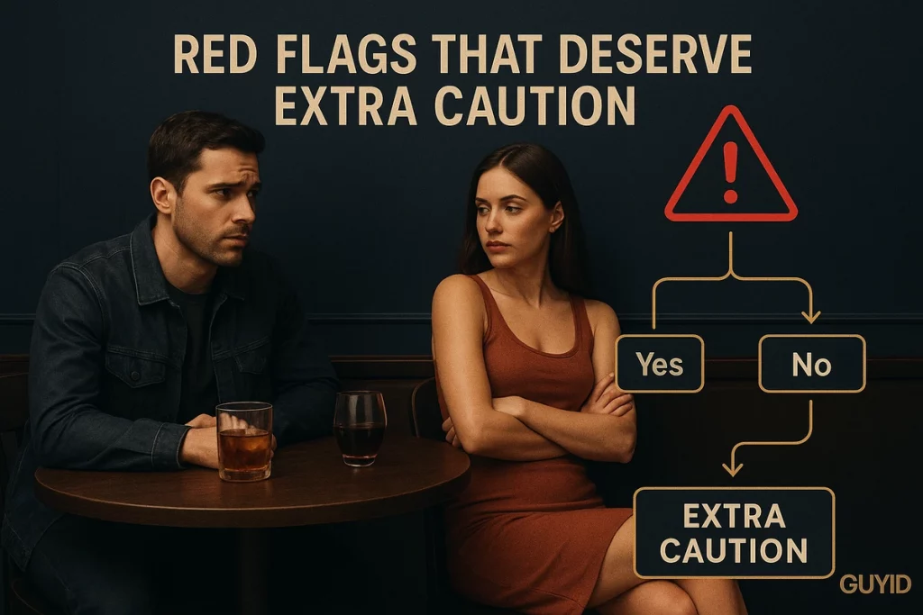 Meeting decision tree for First Date Safety Check Without Killing the Chemistry Guide, designed as a premium GuyID visual explaining First Date Safety Check Without Killing the Chemistry.