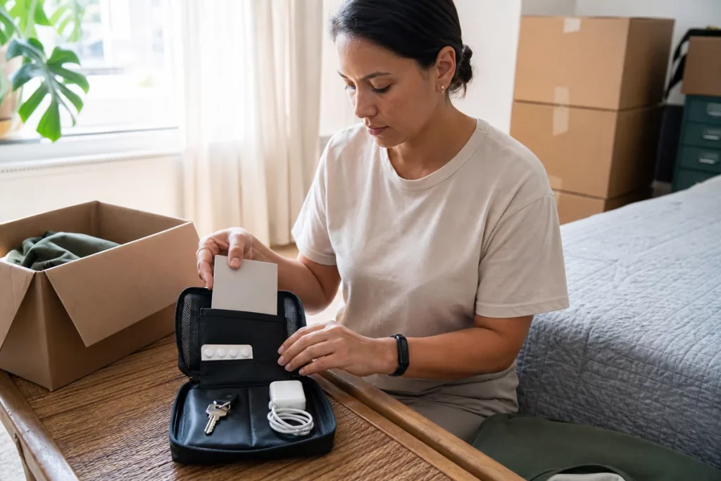 An adult packing a clearly labeled personal essentials box with identification folder, medication pouch, keys, and independent bank card before a move.