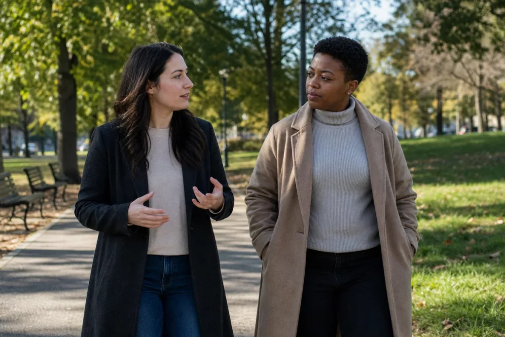 One adult taking a quiet walk after a relationship check-in while a trusted friend waits nearby on a park bench.