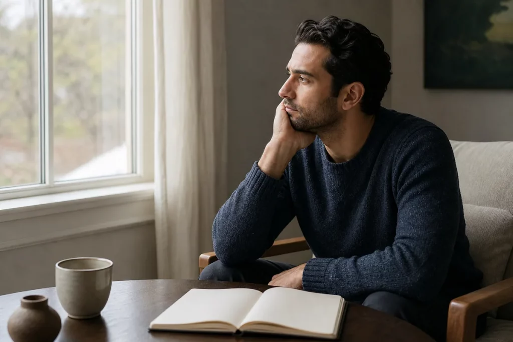 An adult leaving a kind voice message for a trusted friend after an emotionally uncertain conversation, seated safely at home.
