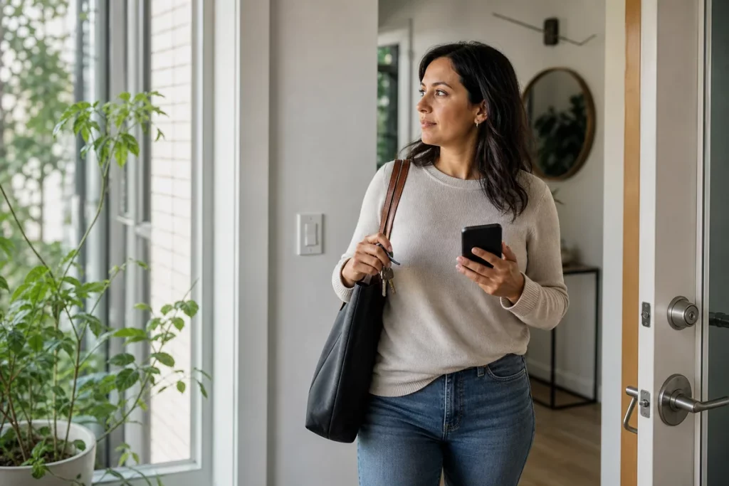 An adult pausing at a bright doorway while holding their own keys and phone, with a trusted support person visible at a respectful distance.
