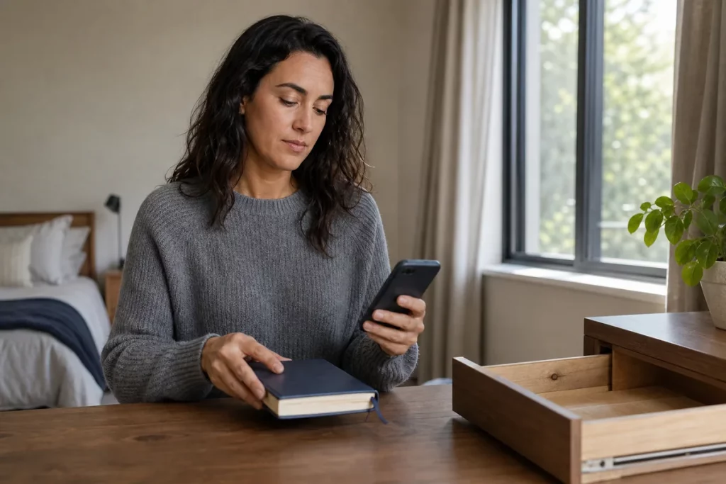 An adult closing a private journal and placing it in a drawer while keeping a phone nearby for trusted support.