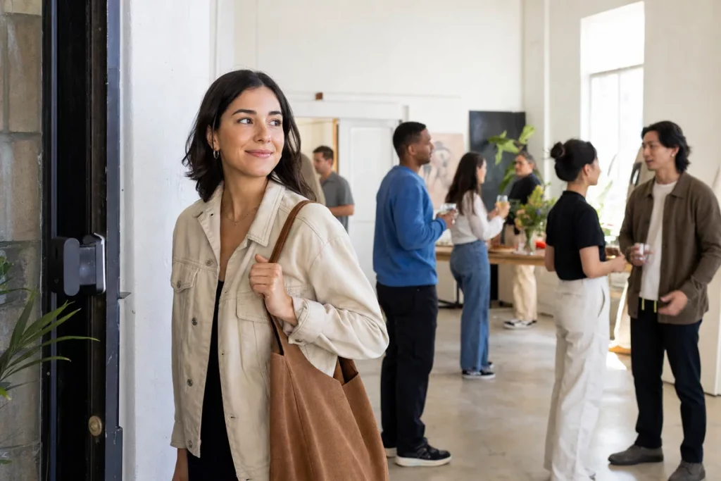An adult arriving alone at a small daytime community event, pausing at the entrance with grounded posture before joining.