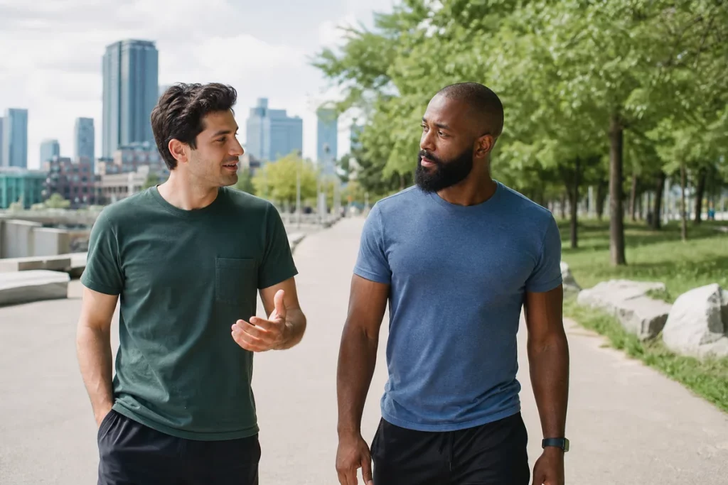An adult meeting a trusted friend for a daytime walk after a dating disappointment, with relaxed pace and attentive support.
