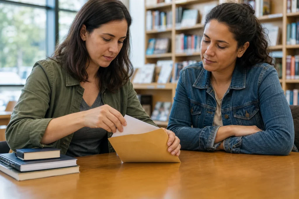 An adult placing copies of essential documents in a secure envelope while a trusted support person waits nearby.