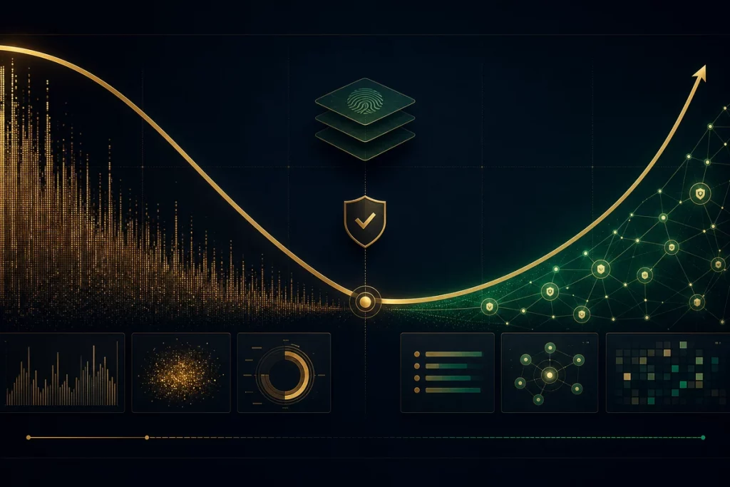 Dark editorial data visualization showing an abstract curve shifting from swipe volume toward trust-quality signals.